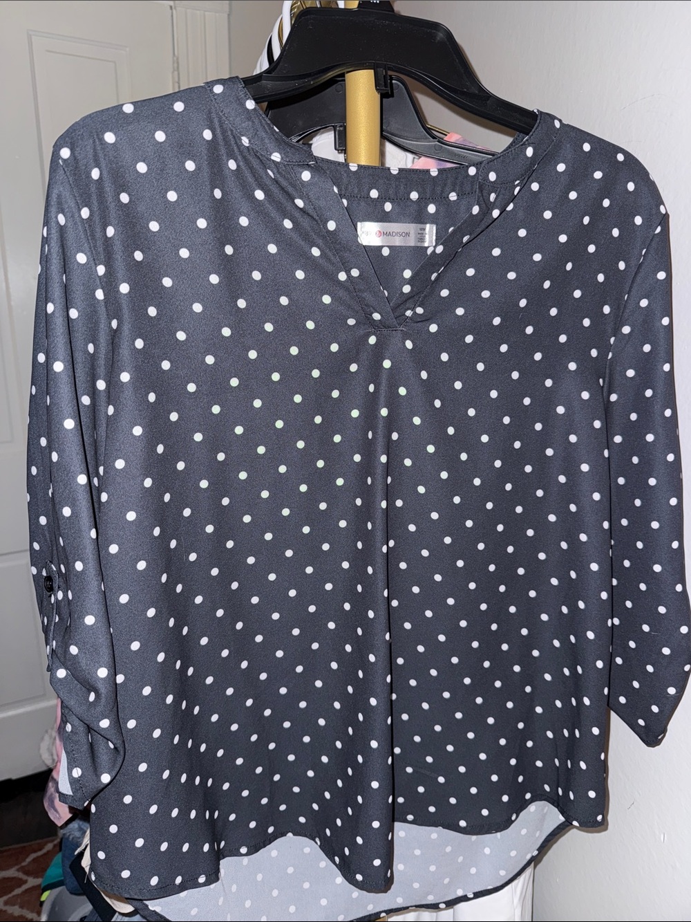 89th & Madison Gray Blouse with White Polka Dots